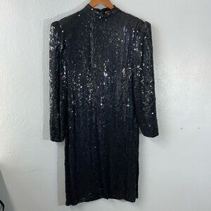 Vtg Silk Black Sequin Dress Large Mock Neck Longsleeve Glam Party Scarlet Rage